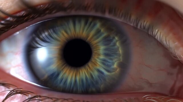 Extreme CloseUp of Blue Human Eye with Digital Circuit Reflection and Blood Vessels