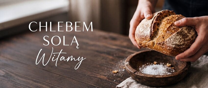 Sourdough bread salt Polish tradition background, hands holding fresh baked loaf over wooden bowl of sea salt, traditional Slavic welcome greeting banner with copy space for bakery background.