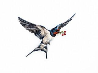 Obraz premium Hummingbird in flight carrying red berries