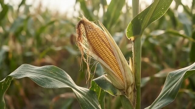 Golden ripe corn cob growing strong in a lush green agricultural field