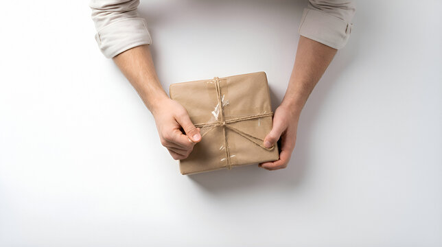 Adult hands tying twine on brown paper wrapped parcel