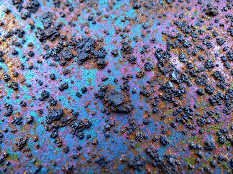 Heat-Tinted Weathered Steel Slag Patina Macro Texture Background with Iridescent Colors
