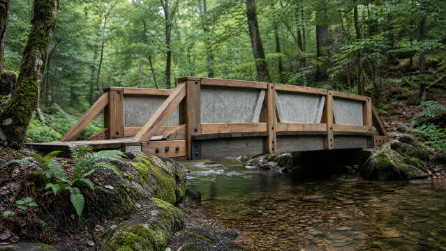 Wooden footbridge crossing a small stream in a lush green forest with natural lighting