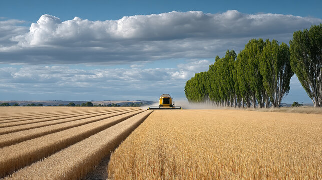 Combine harvester wheat field rural landscape blue sky green tree agriculture summer dust cloud