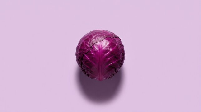 Whole Purple Red Cabbage Centered on Pastel Pink Surface with Soft Shadow