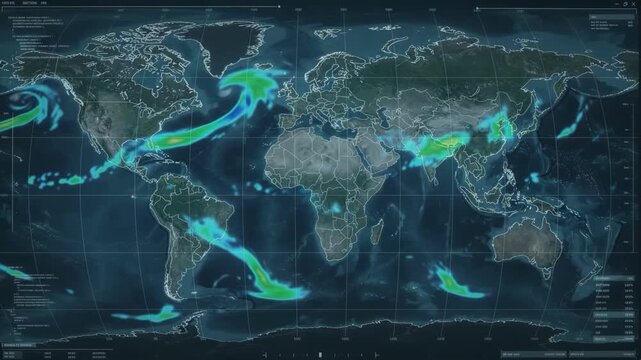 Global weather map showing storm systems and atmospheric conditions across the world, illustrating climate patterns and meteorological data.