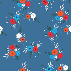 Fototapeta premium Seamless blooming floral pattern based on hand drawn art ornaments. Colorful flowers, leaves, plants on color background. Vector illustration. Simple minimalistic pattern for fabric, textile.