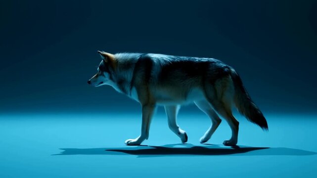 Wolf Standing in Blue Light Against a Dark Background in Side Profile Silhouette