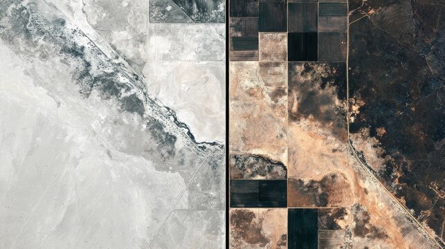 An aerial view photograph of a patchwork of severe drought and sudden, intense flooding side-by-side in an agricultural region, showing the erratic nature of extreme weather. 