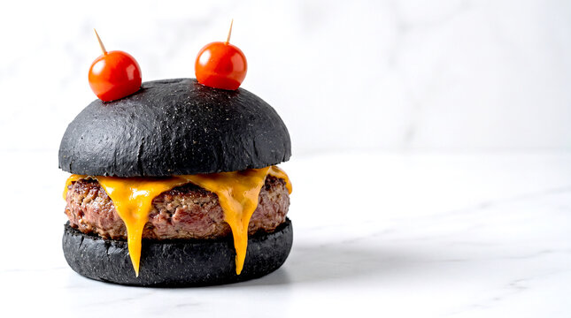 Spooky Halloween Black Burger with Melted Cheddar and Cherry Tomato Eyeballs