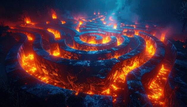 Surrealistic landscape with glowing lava spiral maze.