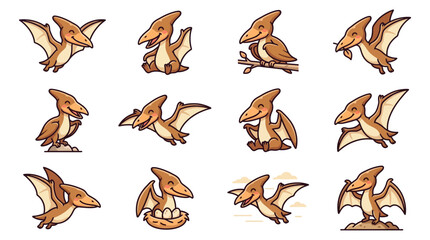 Cute chibi pterodactyl dinosaur characters in various poses. © arlo