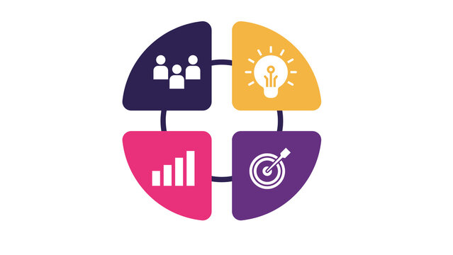 Business infographic circle with four colorful segments, strategic planning icons for teamwork and growth, corporate workflow diagram on white background