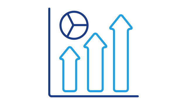 Minimalist business growth chart with rising arrows and pie graph. Blue financial data visualization icon. Professional corporate analytics graphic.