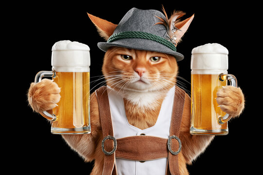 Serious ginger cat in Bavarian hat holding two beer mugs isolated on black background, Oktoberfest concept