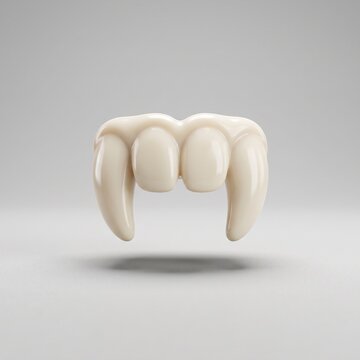 3D Plastic Vampire Fangs Plastic Teeth Toy Floating Isolated on Neutral Background for Halloween Costume Concept