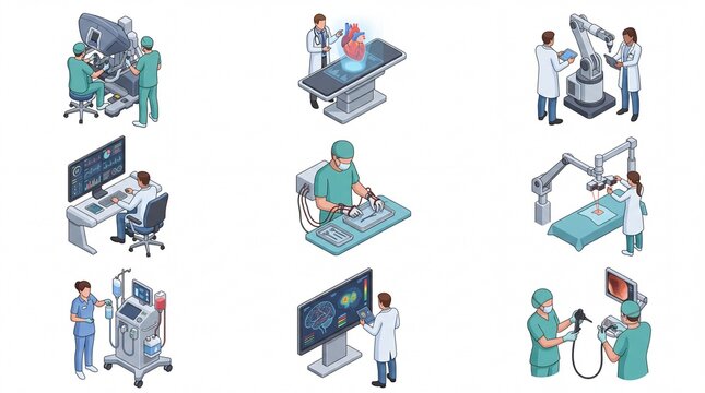Isometric medical technology and healthcare professionals icons set