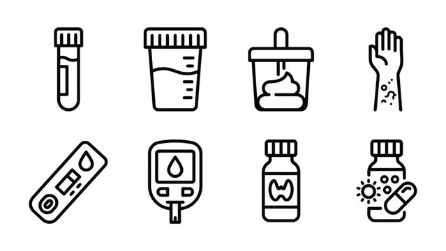 Medical Diagnostic Icons: A collection of stylized line icons representing various medical diagnostic tools and samples, including a test tube, urine container, stool sample, rash on skin, test strip.