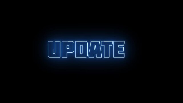 Bright blue neon update text sign glowing against a solid deep black background for digital