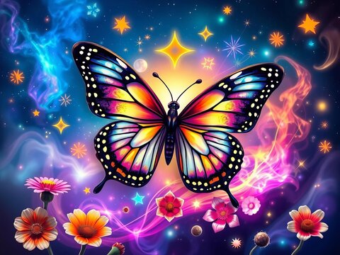 Whimsical butterfly surrounded by celestial elements, stars, moon