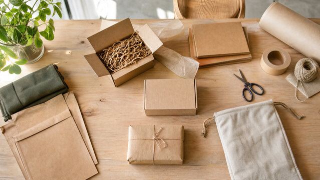 Sustainable packaging materials and cardboard boxes arranged on a wooden table for eco-friendly shipping