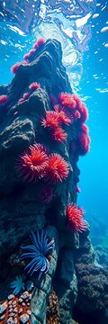 Underwater rock formation covered in vibrant anemones sways gently in ocean current, sea life, swimming