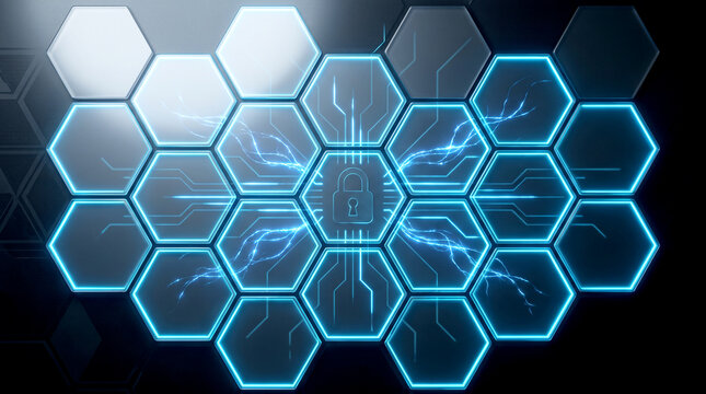 Cybersecurity Digital Shield Lock on Glowing Hexagonal Network Circuit Interface