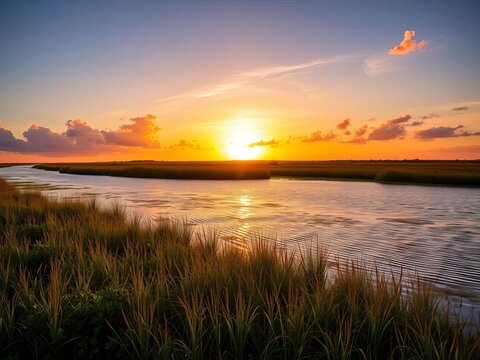 Golden hues illuminate marshy banks as sun sets over Matanzas River, marsh, cypress