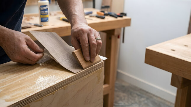 Professional woodworker applying walnut wood veneer sheet to plywood furniture in a workshop using a wooden smoothing tool and adhesive glue for custom handmade interior design project renovation.