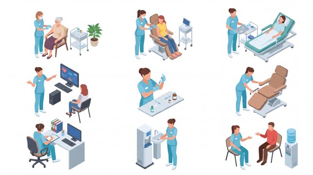 Medical healthcare and hospital service isometric character set