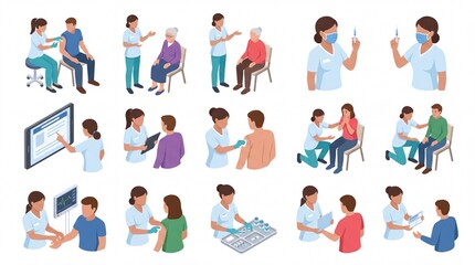 Fototapeta premium Isometric healthcare vector set showing vaccination and medical care
