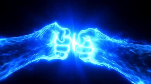 Glowing blue fists move together for a fist bump against a dark background