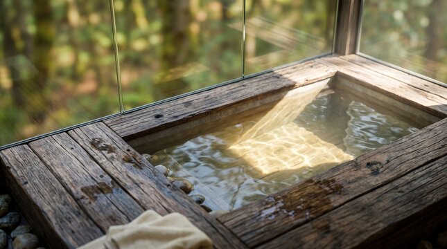 Sunken timber-framed bath with water reflecting forest light