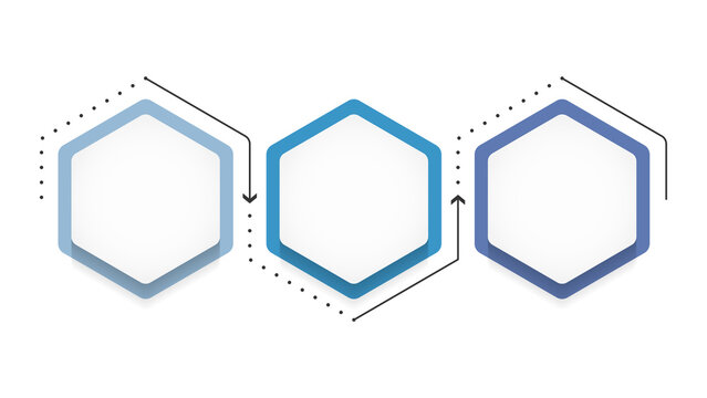 Minimalist hexagon infographic template, blue geometric process diagram with arrows, clean business workflow layout on white