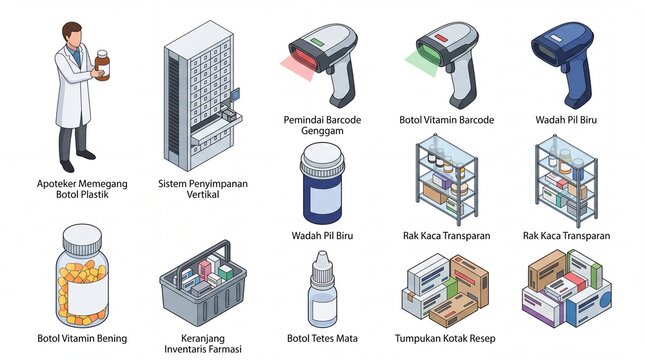 Isometric pharmacy icons and medical equipment collection