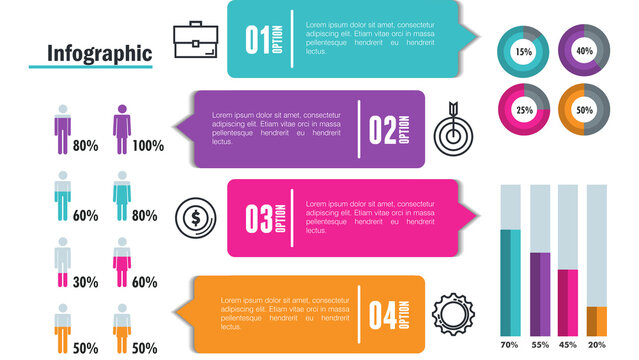 Modern business infographic template with 4 steps. Colorful data visualization charts and icons. Professional corporate presentation layout.