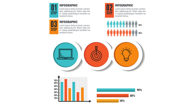 Business infographic template with 3 steps, professional data visualization charts, corporate presentation layout with icons
