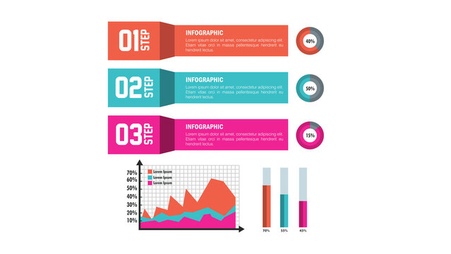 Modern business infographic set with 3 steps, colorful data visualization charts, professional corporate presentation elements