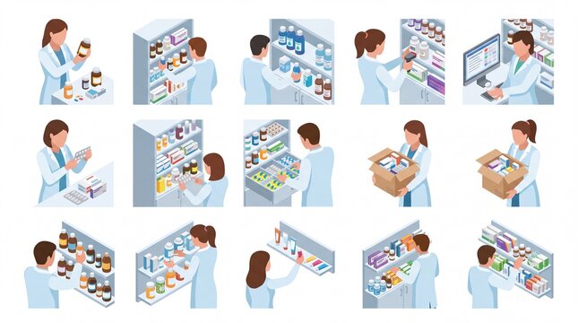 Isometric pharmacists organizing medicine bottles and drugstore shelves