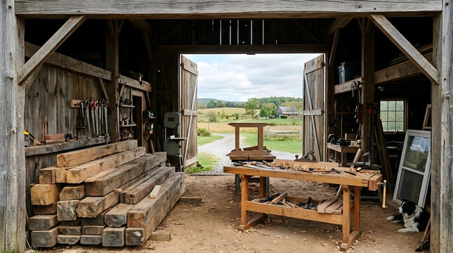 Rustic woodworking workshop interior inside a traditional timber barn featuring a workbench tools lumber pile and a scenic country landscape view through the open doors with a loyal dog resting on the