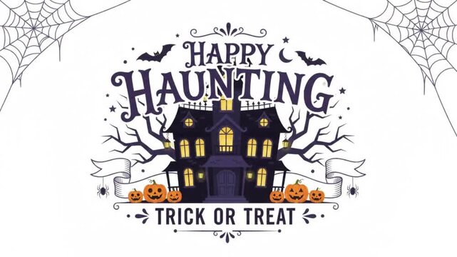 Haunted house illustration with spider webs and bare trees on white background