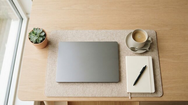 Minimalist Professional Workspace with Closed Laptop Coffee Cup and Notebook on Light Wooden Desk