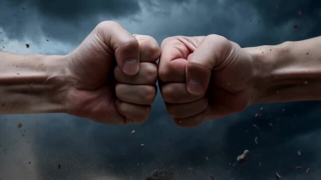 Clenched fists facing each other against dark smoky background symbolizing conflict and tension