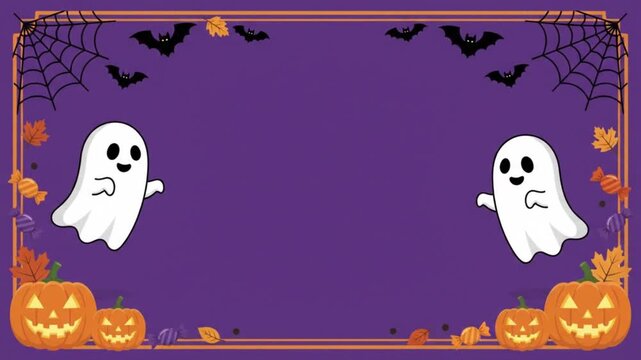 Animated Halloween background with ghost and corner frame elements on a solid purple background