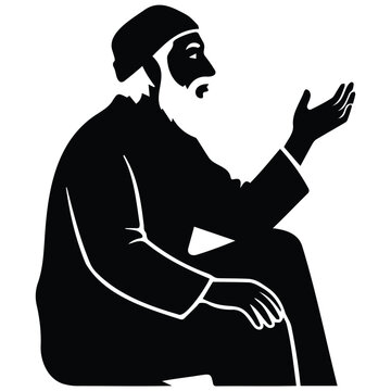 Bearded Arabic philosopher sitting and gesturing in black vector silhouette illustration.
