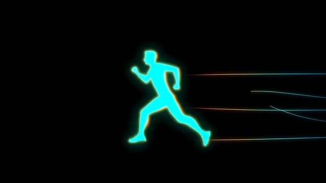 Neon runner silhouette changes stride against black background with colorful light trails