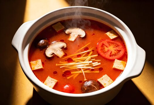 Authentic steaming chinese hot pot soup with mushrooms sliced tomatoes tofu noodles, asian food