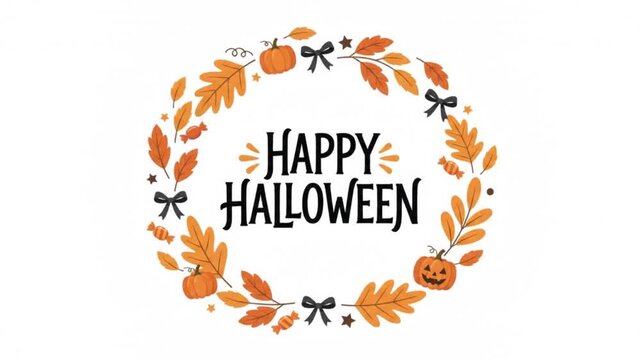 Orange autumn leaves falling slowly in a 2D flat animation on white background with happy halloween text