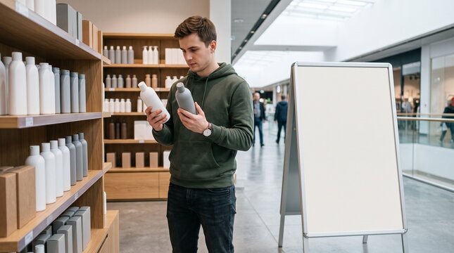Young man choosing between two bottles in a store aisle