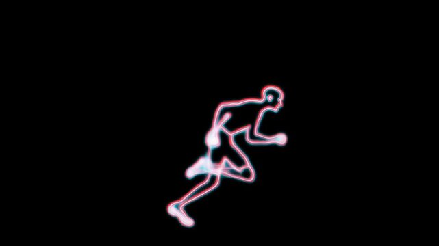 Neon human figure runs and changes pose against a black background with glowing outline